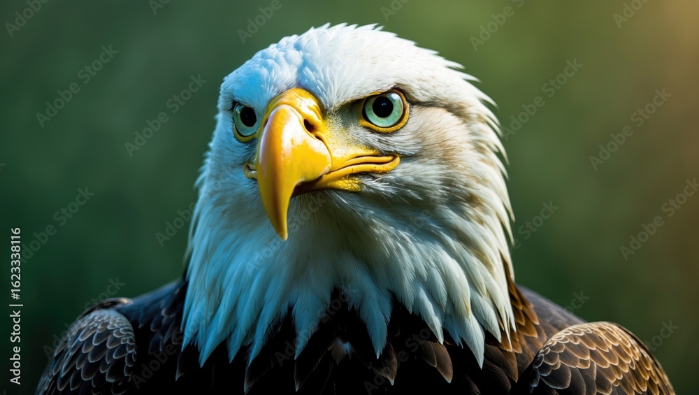 Obraz premium Close-up of a majestic eagle's head with sharp eyes and yellow beak, showcasing its detailed feathers and intense gaze against a blurred green background.