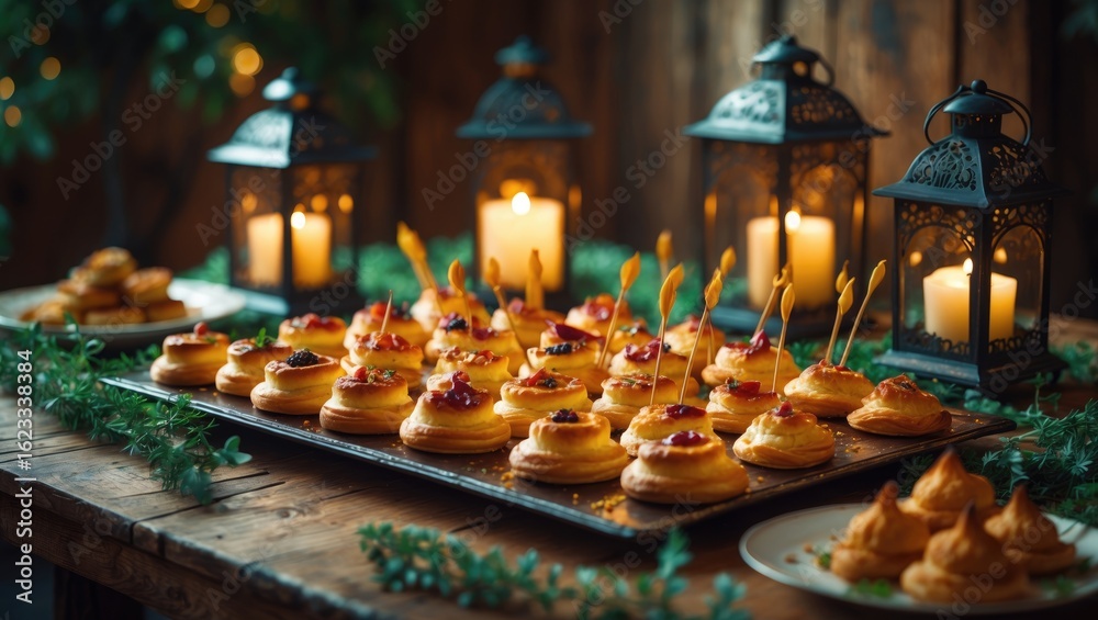 Naklejka premium Assorted appetizers on a tray with lanterns and candles, festive setting, delicious finger foods, holiday or celebration event, cozy and inviting atmosphere.