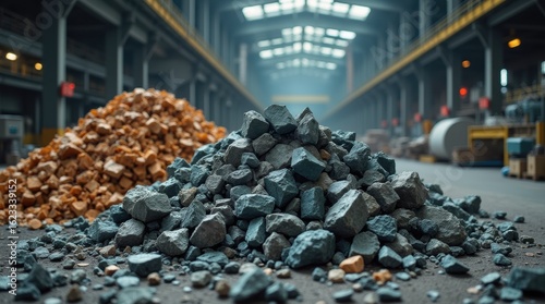 Assorted rare earth metals and ores stacked in factory with industrial machinery for extraction and clean energy.