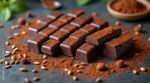 Dark chocolate bars and assorted seeds with cocoa powder create a healthy snack scene on slate surface.