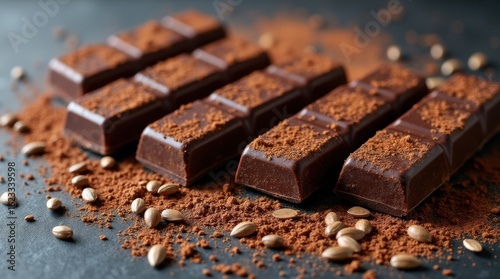 Dark chocolate bars and assorted seeds with cocoa powder create a healthy snack scene on slate surface.