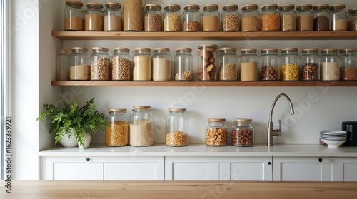 Organized pantry with glass jars of nuts grains pasta for convenient cooking in bright modern kitchen.