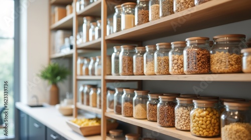 Organized pantry with glass jars of nuts grains pasta for convenient cooking in bright modern kitchen.