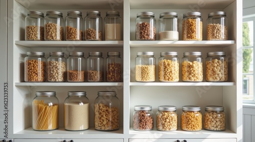 Organized pantry with glass jars of nuts grains pasta for convenient cooking in bright modern kitchen.