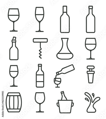 Wine icons set: glasses, bottles, and accessories on gradient background