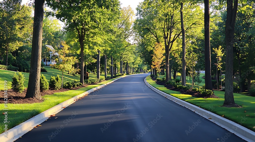 Fototapeta premium Tree-lined boulevard with fresh greenery on both sides, smooth black road stretching ahead 