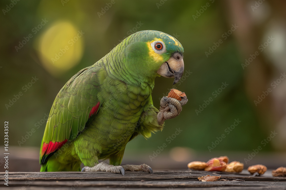 Obraz premium Parrot using feet to hold food while eating