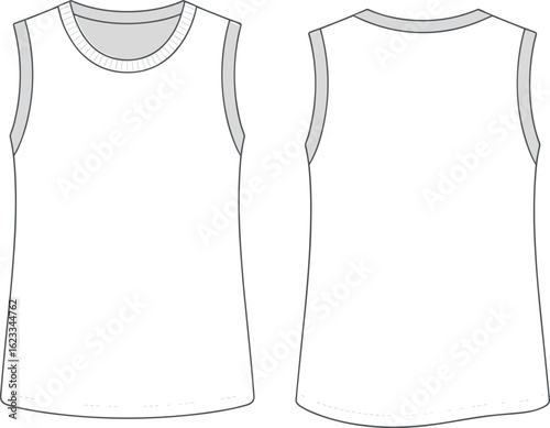 Front and back view of sleeveless crew neck tank top, vector flat sketch for fashion design, apparel, and clothing template