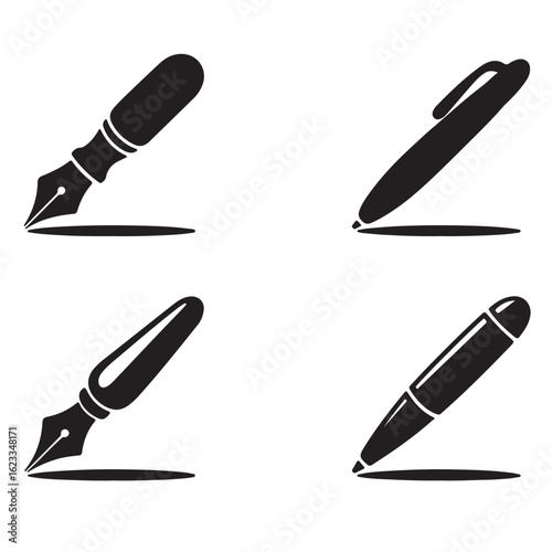 Set of four writing instruments icons pens fountain pen