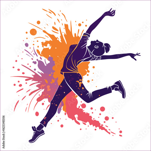 Dynamic watercolor illustration of a dancer in mid-air with vibrant colors