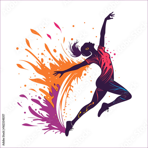 Dynamic watercolor illustration of a dancer in mid-air with vibrant colors