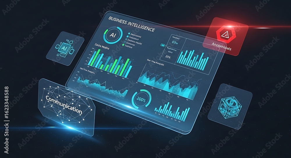Fototapeta premium Futuristic Business Intelligence Dashboard with AI Integration and Communication Interface for Data Analysis and Anomaly Detection