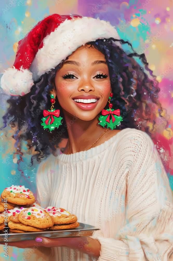 Animated Smiling Black Woman Wearing Loose Sweater and Santa Hat Holding a Tray of Christmas Cookies, Warm Festive Holiday Animation in Vertical Format. Animated Smiling Black Woman Wearing Loose Sweater and Santa Hat Holding a Tray of Christmas Cookies, Warm Festive Holiday Animation in Vertical Format.