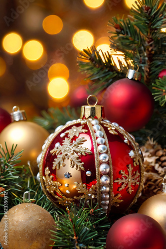 Colorful Christmas Ornaments and Pine Branches Holiday Composition