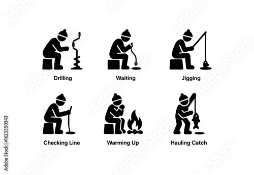 flat black solid icon items isolated on white background ice fishing (activities): drilling waiting jigging checking line warming up hauling catch. flat black solid icon items isolated on