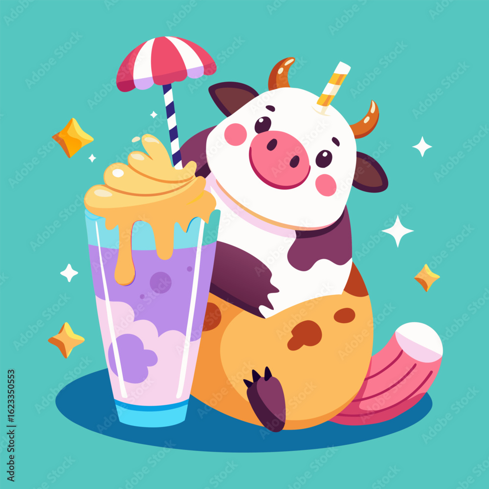 Naklejka premium Chubby cow lounging in a milkshake glass with whipped cream, floating straws, and sparkles, editable dairy-themed vector.