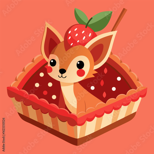 Little deer inside a cherry pie slice, red filling around hooves, cinnamon stick tucked on side, cozy dessert vector.