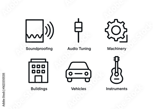 simple outline stroke icon items monoline icons style isolated on white background resonance dampening (uses): soundproofing audio tuning machinery buildings vehicles instruments