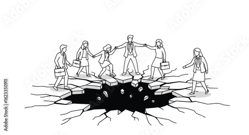 Diverse group of people holding hands forming a circle over a dark gaping hole representing a challenge or problem