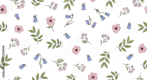 Delicate floral pattern with tiny bluebells and pink blossoms scattered across white background