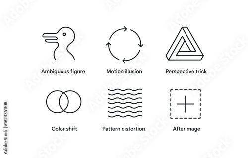 simple outline stroke icon items monoline icons style isolated on white background optical illusion (types): ambiguous figure motion illusion perspective trick color shift pattern