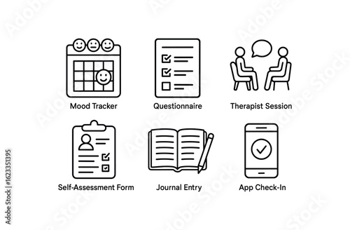 simple outline stroke icon items monoline icons style isolated on white background mental health check (tools): mood tracker questionnaire therapist session self assessment form journal
