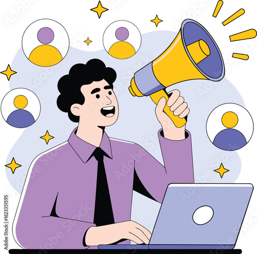 Man with megaphone and laptop announcing to a digital audience