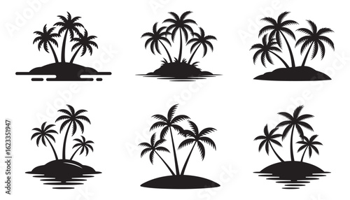 Silhouette Palm Trees Icon Set Beach, Island, Tropical, Nature