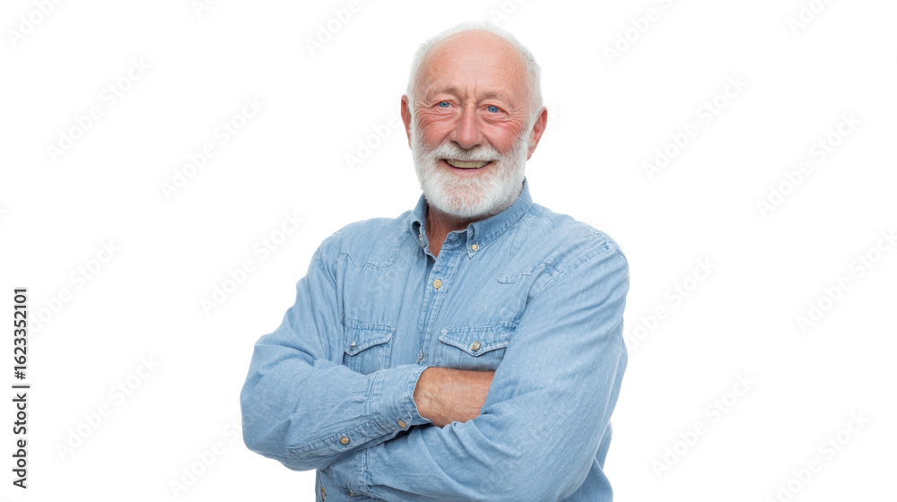 Obraz premium Smiling older man with gray beard wearing denim shirt, arms crossed, white isolated background.