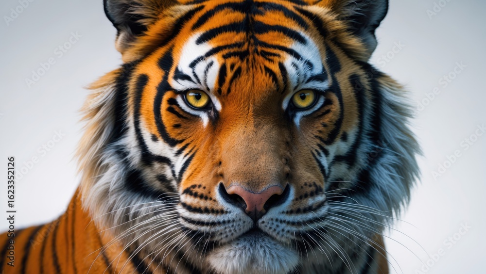 Fototapeta premium Close-up of a tiger's face with yellow eyes and distinctive black and orange stripes. Majestic and powerful wild animal. Nature and wildlife photography.