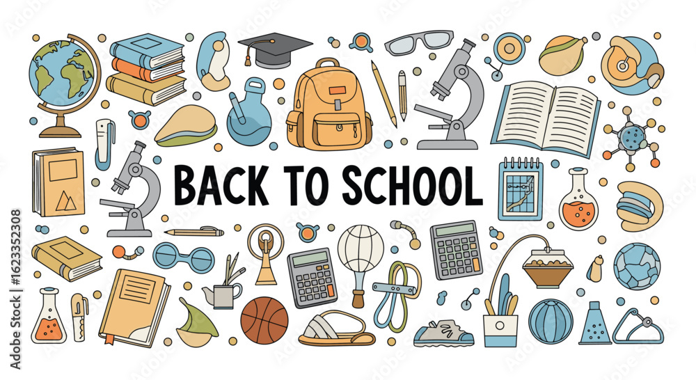 Fototapeta premium Exciting new beginnings for students on the first day of school featuring educational supplies and learning tools