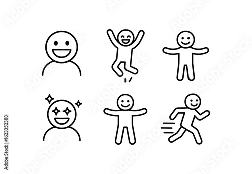 simple outline stroke icon items monoline icons style isolated on white background euphoria (expressions): big smile jumping open posture shining eyes outstretched hands fast motion