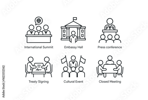 simple outline stroke icon items monoline icons style isolated on white background diplomat (scenes): international summit embassy hall press conference treaty signing cultural event closed