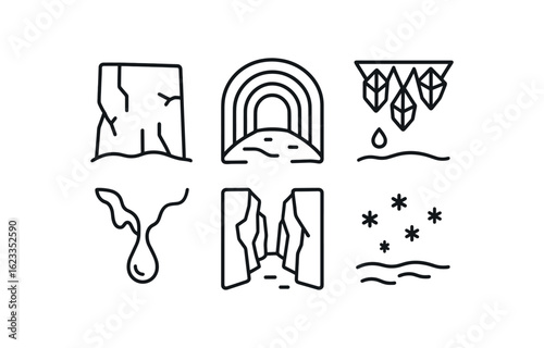 simple outline stroke icon items monoline icons style isolated on white background glacier cave (features): ice frozen tunnel crystal ceiling melt drip narrow passage snow floor