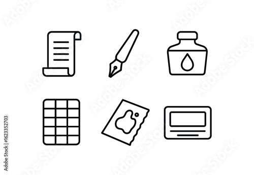 simple outline stroke icon items monoline icons style isolated on white background calligraphy (materials): parchment fountain pen gold ink practice grid blotting paper template card