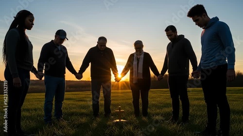 Diverse Group of People Praying at Sunset - Silhouetted against a vibrant sunset, a diverse group of people stand in a field, holding hands in a prayer circle around a small wooden cross.