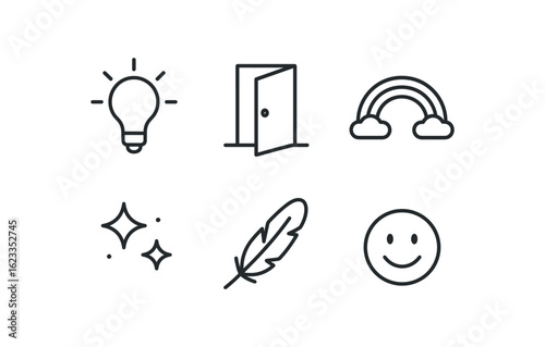 simple outline stroke icon items monoline icons style isolated on white background serendipity (visuals): soft light open door rainbow sparkles floating feather smile
