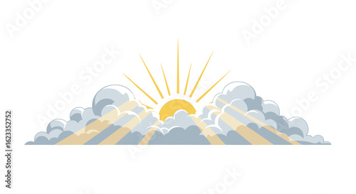 Dawn breaking through cumulus clouds, spreading morning luminescence across the atmosphere with bright shafts of radiant light forming an