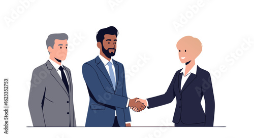 Strategic alliance depicted by diverse business professionals culminating in a firm handshake illustrating collaboration and partnerships