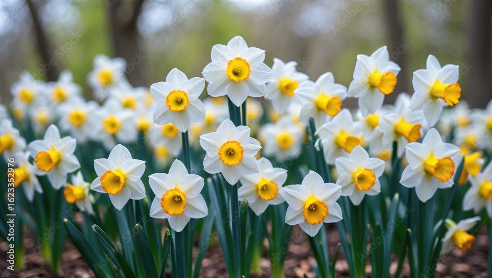 Fototapeta premium Cluster of white daffodils with yellow centers in a garden setting. Spring flowers blooming amidst greenery and trees. Bright and vibrant floral display.