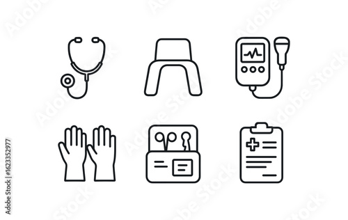 simple outline stroke icon items monoline icons style isolated on white background midwife (tools): stethoscope birthing stool fetal doppler gloves delivery kit record chart