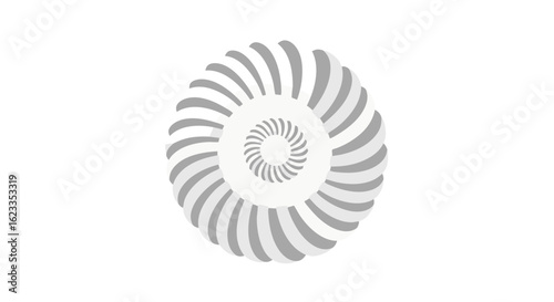 Minimalist design featuring a geometric turbine style shape with repeating spiral patterns in shades of gray and white against a stark white backdrop