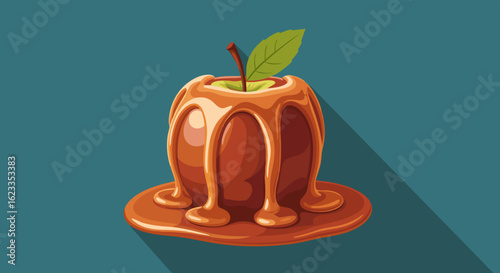 Whimsical Delight: An Apple Drenched in Rich Caramel, A Tasty Dessert Creation On Blue Backround