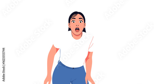 A Shocked and Amazed Young Woman with Expressive Eyes and Open Mouth on White Canvas