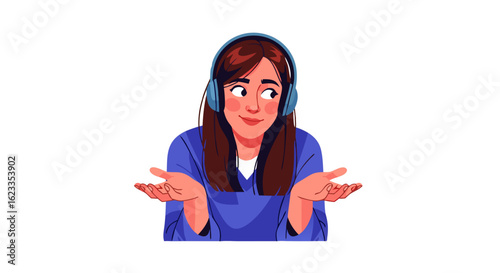 Confused brunette girl with headphones making a questioning gesture in cartoon style presenting cluelessness and listening experiences