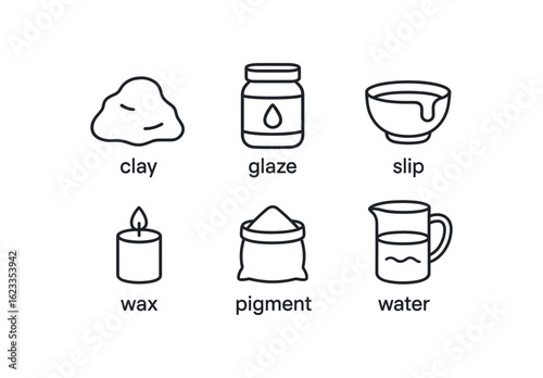 simple outline stroke icon items monoline icons style isolated on white background pottery making (materials): clay glaze slip wax pigment water