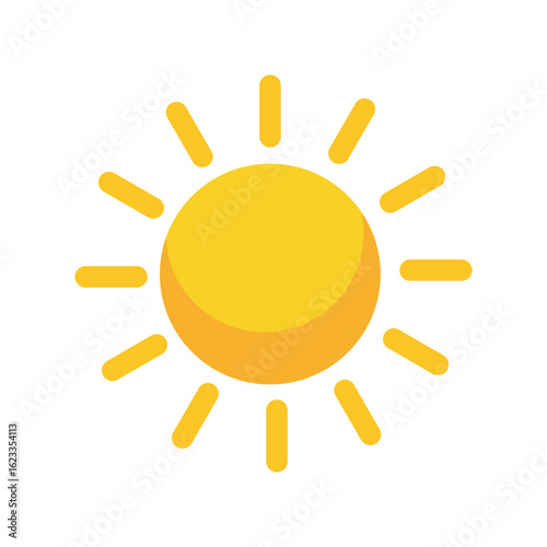 Vector illustration of a bright yellow sun with sun rays representing warmth, summer, energy and brightness in a minimalist flat design