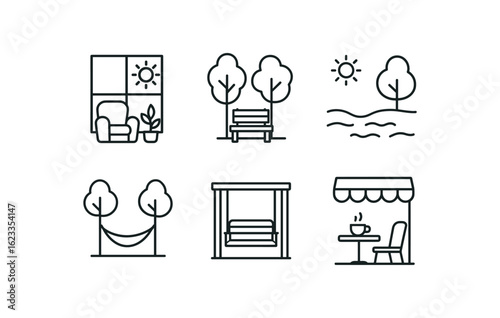 simple outline stroke icon items monoline icons style isolated on white background contentment (settings): sunny room forest bench lakeside hammock porch swing quiet cafe