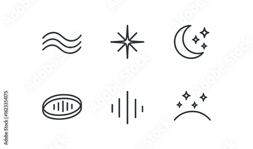 simple outline stroke icon items monoline icons style isolated on white background aurora borealis (symbols): wave icon starburst night sky polar ring shimmer lines glowing arc