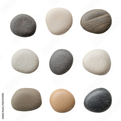 Smooth round decorative pebbles in various colors and textures create calming aesthetic